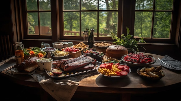 A table full of food including a variety of meats, cheese, and vegetables.