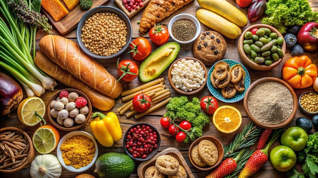 a table full of food including vegetables bread and other foods