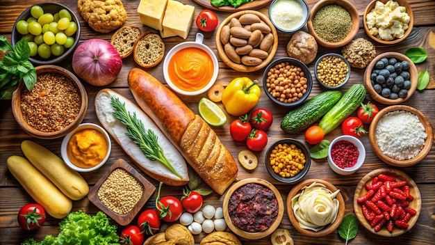 a table full of food including vegetables bread and vegetables