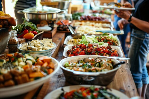 Photo a table full of food including vegetables salads and other dishes