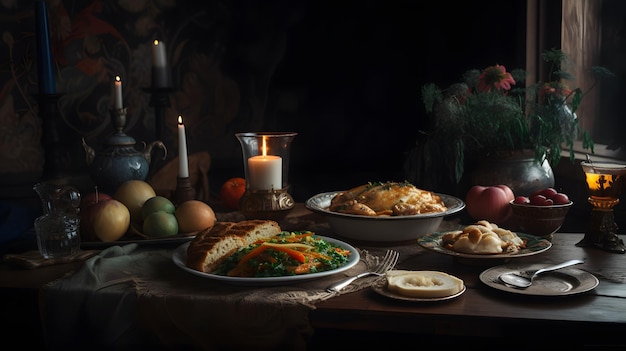 A table full of food with a candle in the background