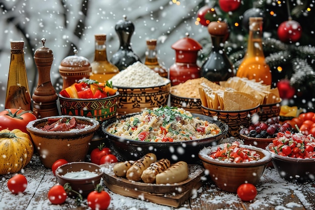 Photo a table full of food with a christmas tree in the background