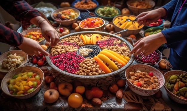 A table full of food with a variety of fruits and nuts.