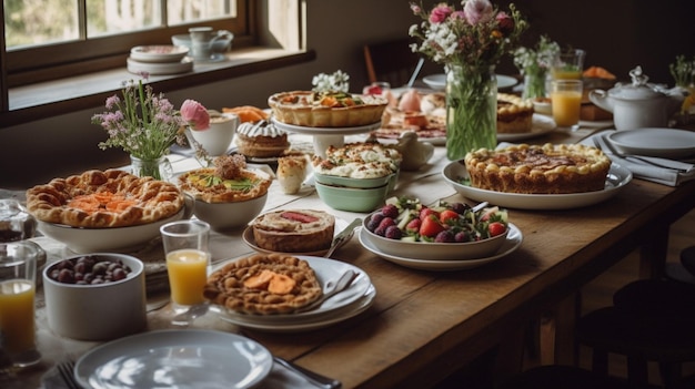 A table full of food with a vase of flowers on the table