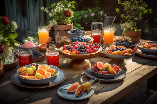 A table full of fruit and drinks with a table full of fruit and a glass of orange juice.