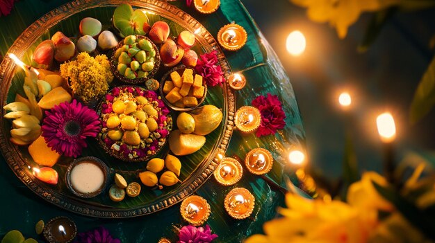 Photo a table full of fruit and flowers with a candle in the center