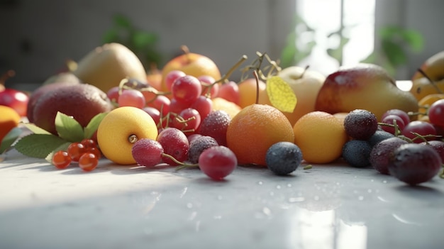 A table full of fruit including a blueberry, blueberry, and orange.