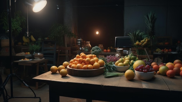 A table full of fruit and vegetables in a dark room.