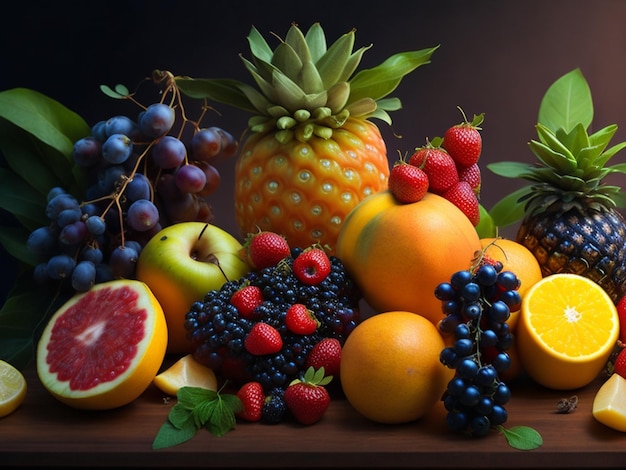 A table full of fruits including grapes, grapes, and oranges.