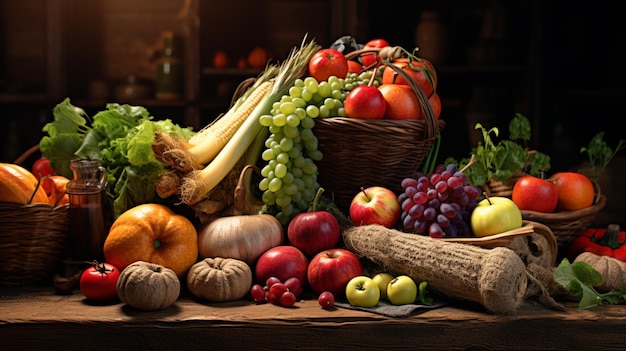 a table full of fruits and vegetables including apples grapes and other vegetables