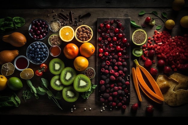 A table full of fruits and vegetables including kiwi, kiwi, kiwi, kiwi, and other fruits.