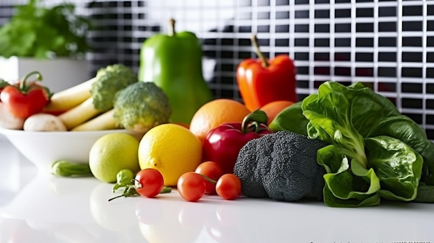 A table full of fruits and vegetables including a lemon, broccoli, and tomatoes.