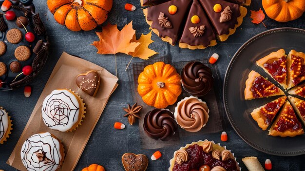 Photo a table full of halloween treats including pumpkin shaped cupcakes