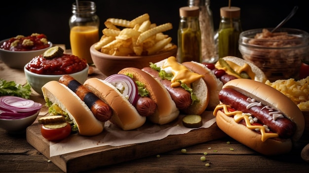 A table full of hot dogs and fries