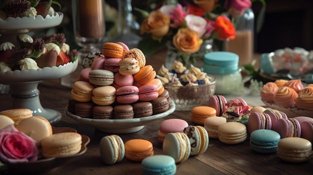 A table full of macaroons and other desserts including a bouquet of flowers.