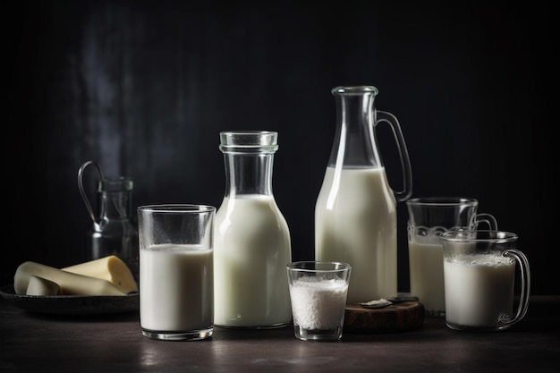 A table full of milk and glasses of milk.