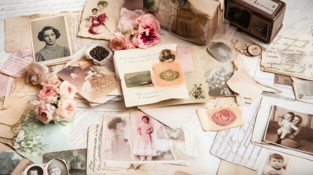 Photo a table full of old papers and a bunch of old photos