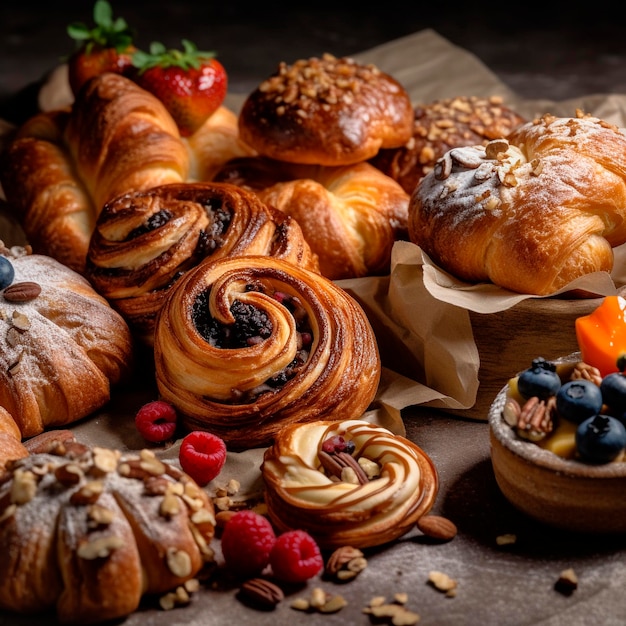 A table full of pastries including a blueberry, strawberry, and a bowl of blueberries.