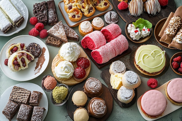 Photo a table full of pastries including a variety of desserts