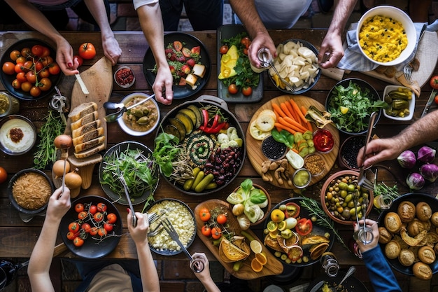 Photo a table full of people with plates of food including vegetables fruit and fruits