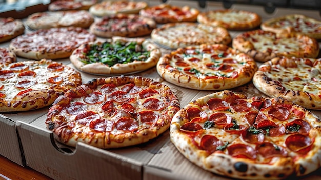 a table full of pizzas including one with one that has pepperoni on it