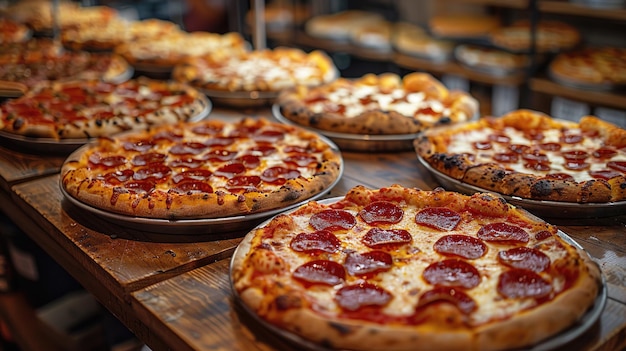 a table full of pizzas with one that has pepperoni on it