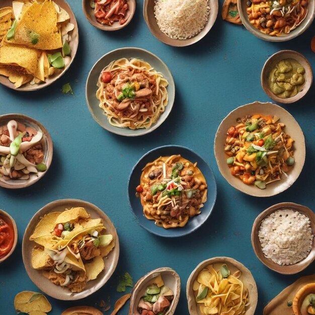 a table full of plates of food including nachos chips and chips