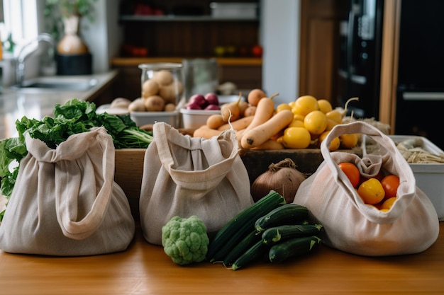 A table full of produce including a bag of vegetables.