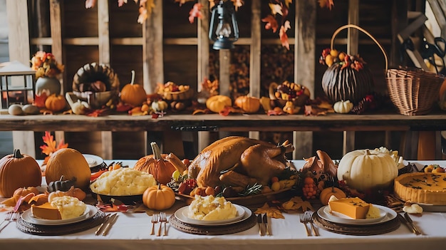 Photo a table full of pumpkins and pumpkins with a turkey on the table