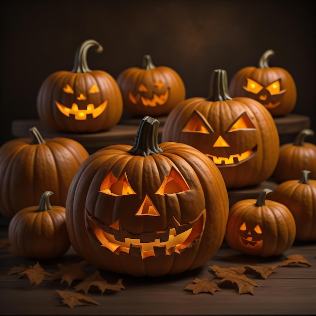 A table full of pumpkins with a carved face and the words carved in the middle.