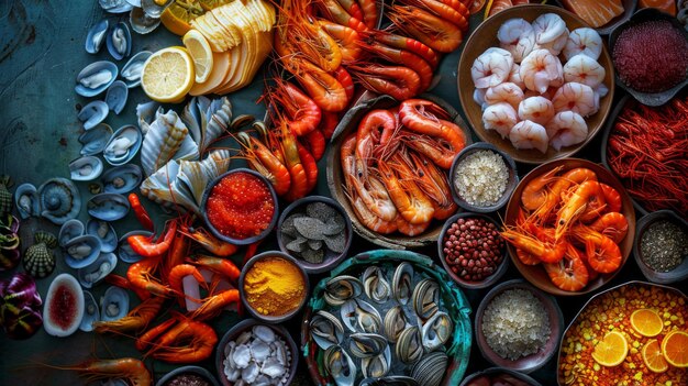 Photo a table full of seafood and other food items