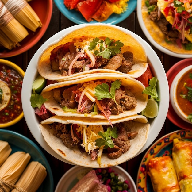 a table full of tacos and a variety of tacos