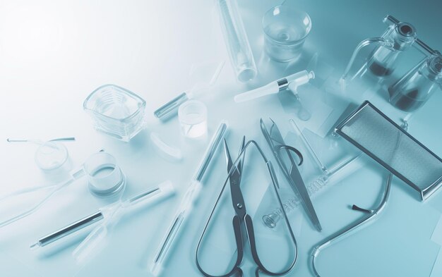 A table full of tools including a syringe, scissors, and other tools.