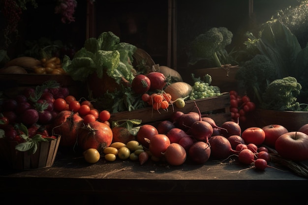 A table full of vegetables and fruits with a dark background.