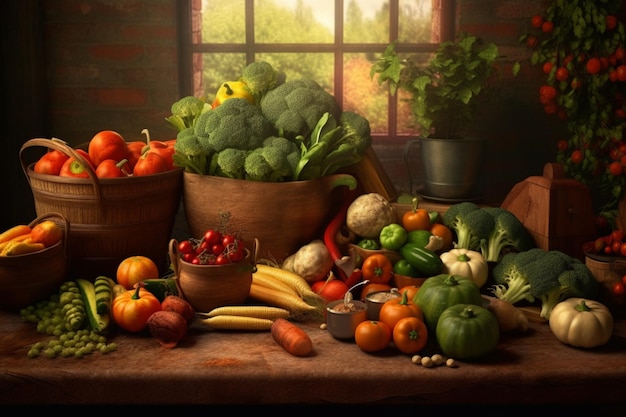 A table full of vegetables and fruits with a window in the background.