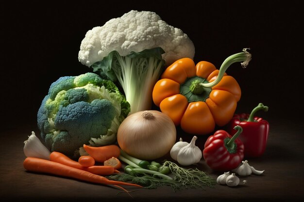 A table full of vegetables including broccoli, cauliflower, and red peppers.