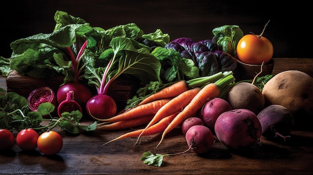 A table full of vegetables including carrots, beets, beets, and other vegetables.