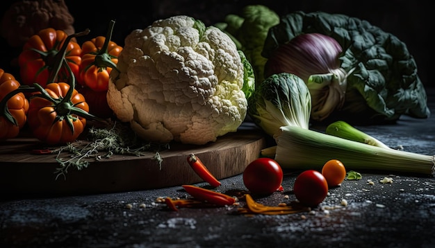 A table full of vegetables including cauliflower, tomatoes, and garlic