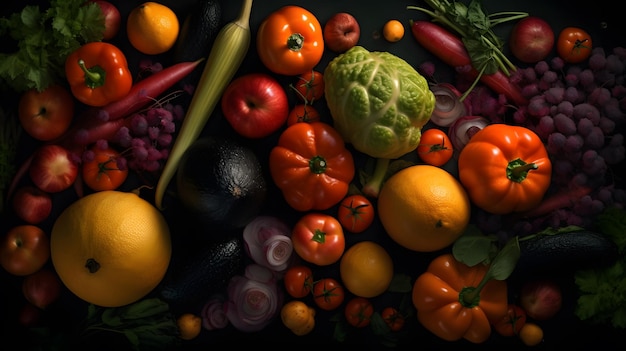 A table full of vegetables including fruits and vegetables