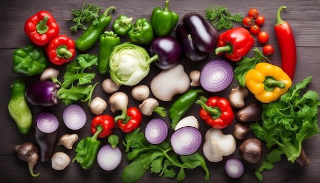 a table full of vegetables including onions peppers peppers and peppers