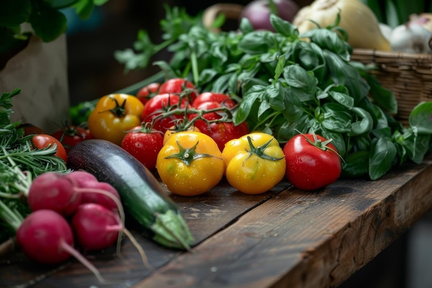 A table full of vegetables including tomatoes radishes and cucumbers