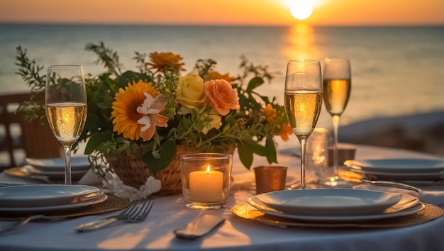 Table glasses of champagne beautiful flowers sea