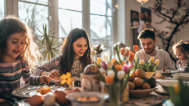 The table is being set by a woman and her family with vibrant eastern eggs a rabbit and flowers