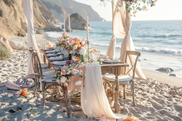 Photo a table is elegantly arranged on the sandy beach set up for a wedding celebration with a bohemian vibe a beachside celebration with a bohemian vibe and flowing fabrics