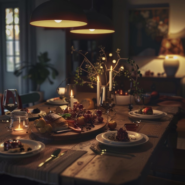 A table is set for a dinner party with a variety of food and drinks