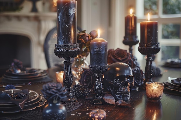 Photo a table is set for a halloween dinner with a skull centerpiece and candles