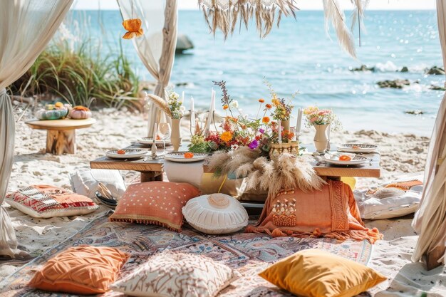 Photo a table is set up on the sandy beach with picnic essentials for a gathering a beachside celebration with a bohemian vibe and flowing fabrics