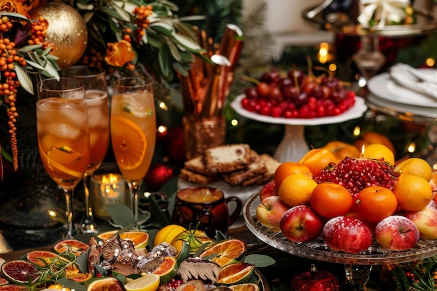 Photo a table laden with a holiday feast featuring fruits baked goods and refreshing drinks a festive holiday feast with delicious treats and drinks