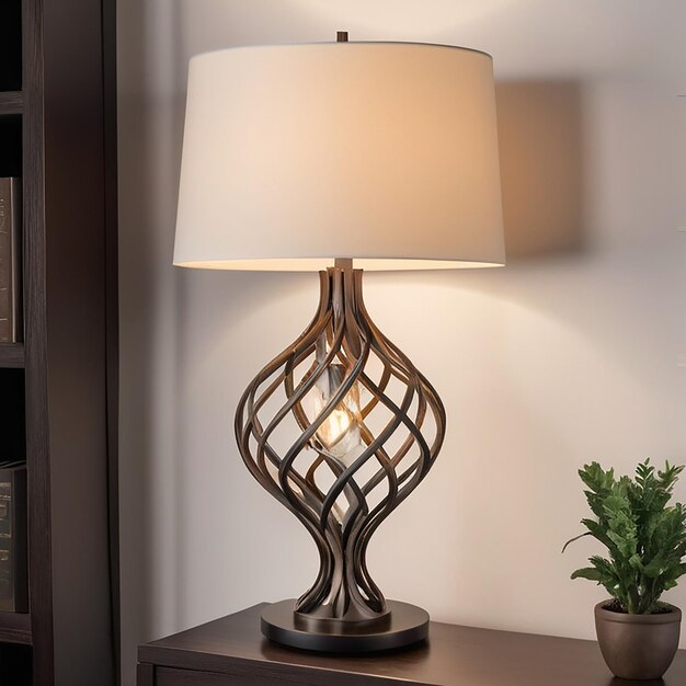 a table lamp with a white shade that says  the lamp