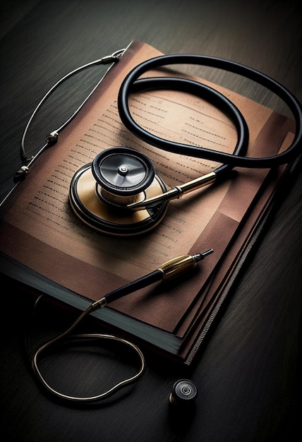 On the table lies a medical stethoscope and a notepad for the doctor's notes AI Generated